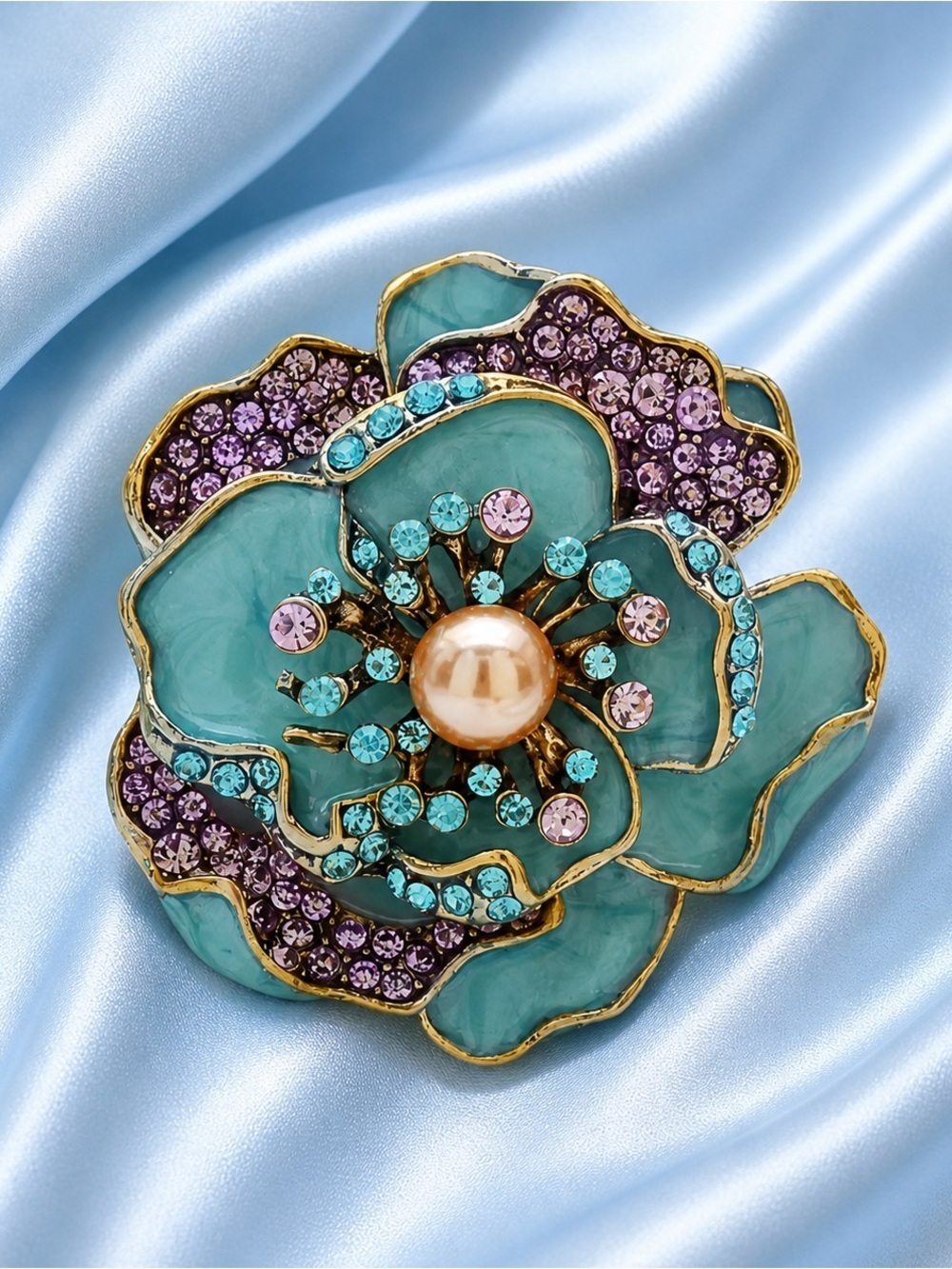 Ocean Bloom Aqua Floral Crystal Brooch